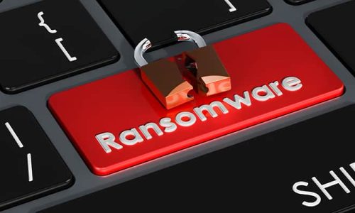 Ransomware red button on keyboard, 3D rendering